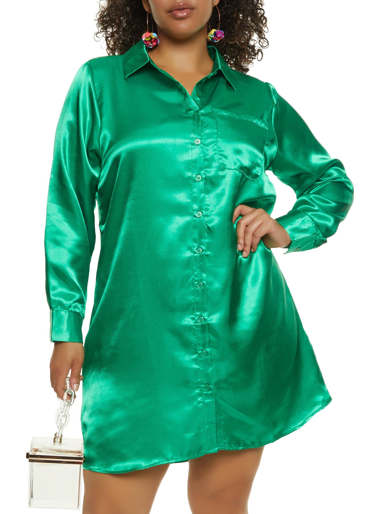 Plus Size Satin Button Front Shirt Dress sold by Rainbow
