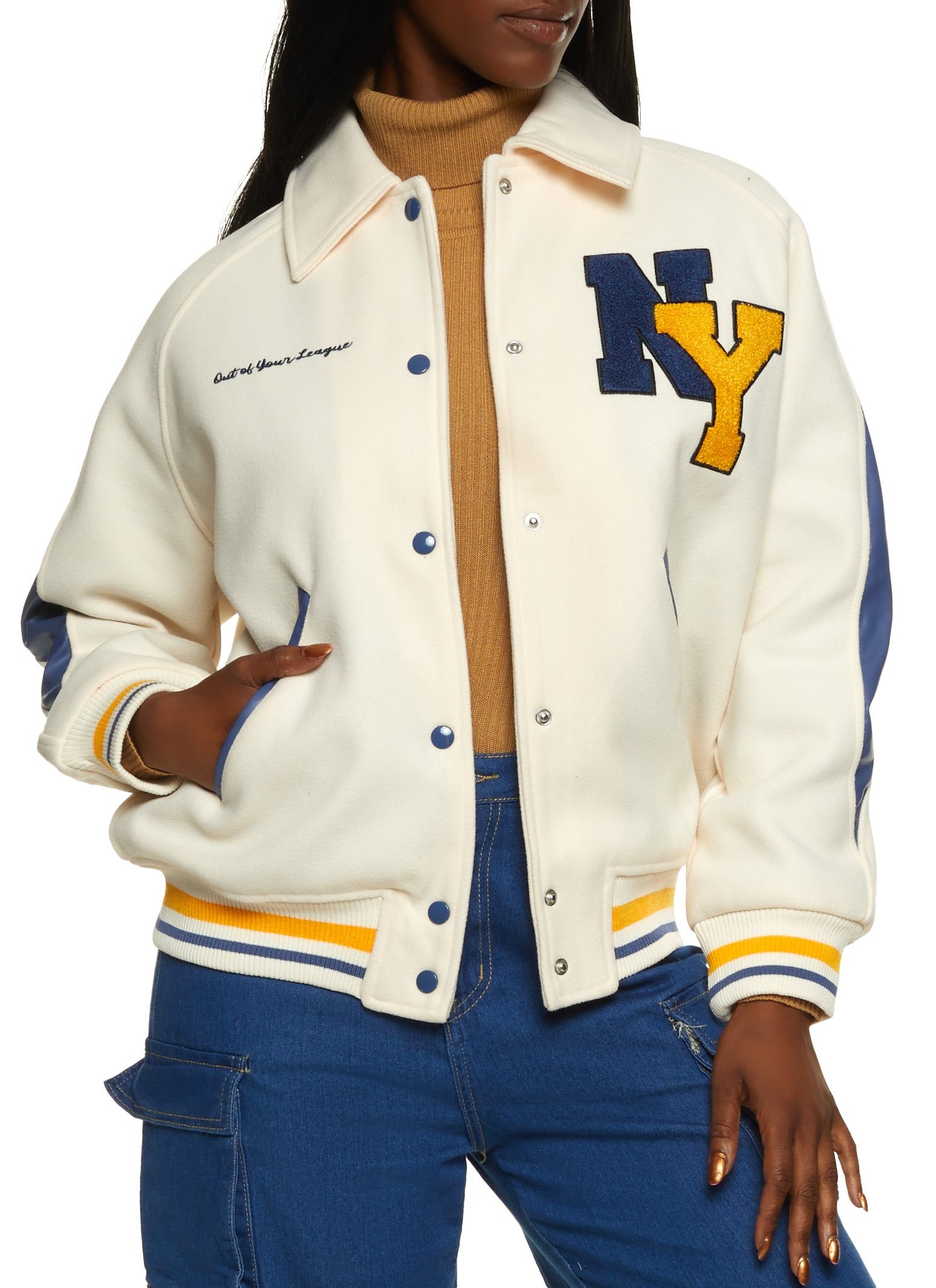Collared NY Chenille Patch Varsity Jacket sold by Rainbow