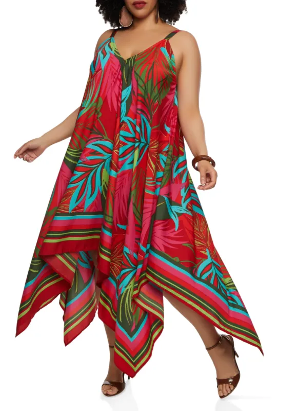 Plus Size Leaf Border Print Handkerchief Hem Maxi Dress sold by Rainbow