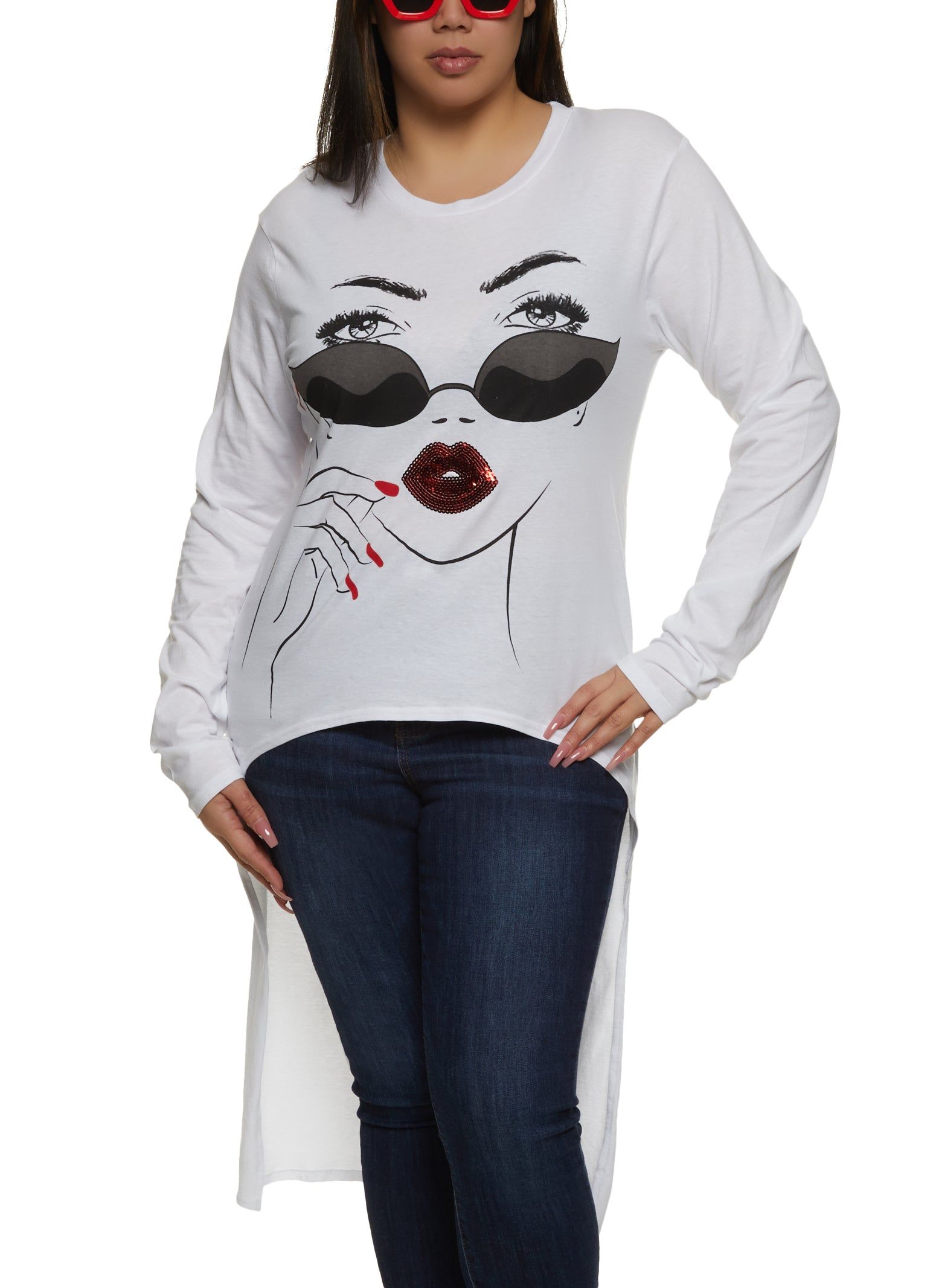 Plus Size Sequin Lips Graphic High Low Top sold by Rainbow