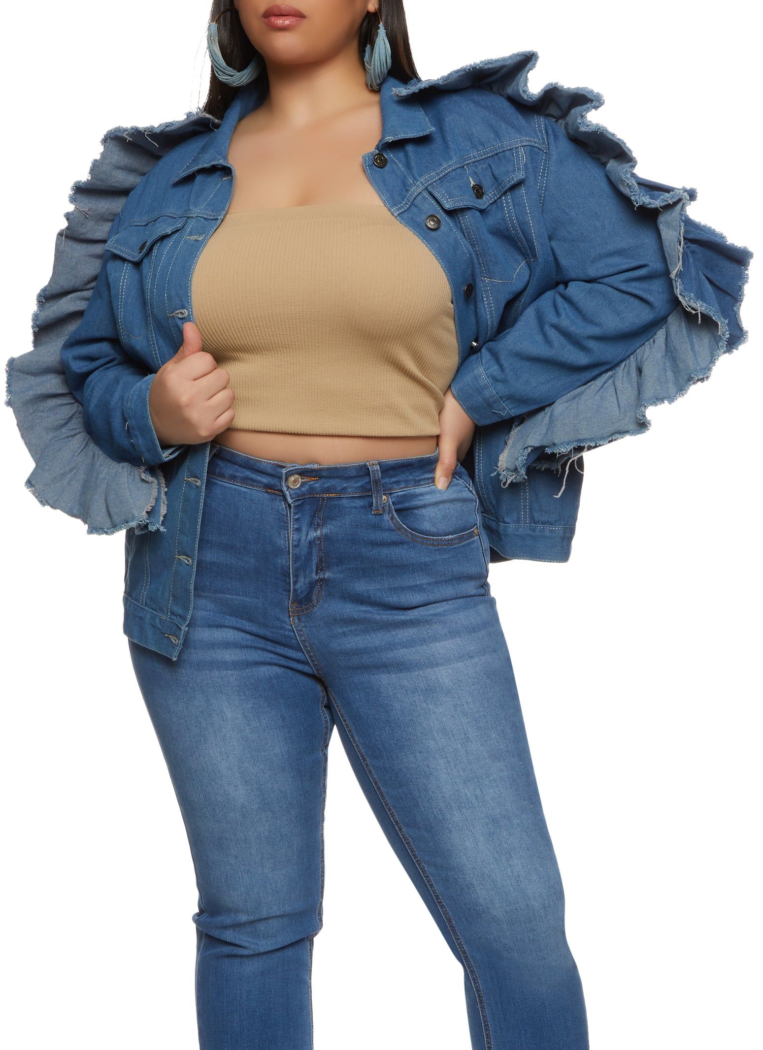 Plus Size Ruffled Sleeve Jean Jacket sold by Rainbow