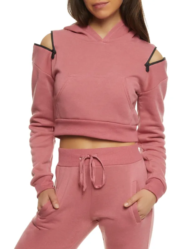 Zip Cold Shoulder Cropped Hoodie sold by Rainbow