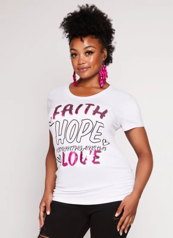 Plus Size Faith Hope Love Sequin Graphic Tee sold by Rainbow