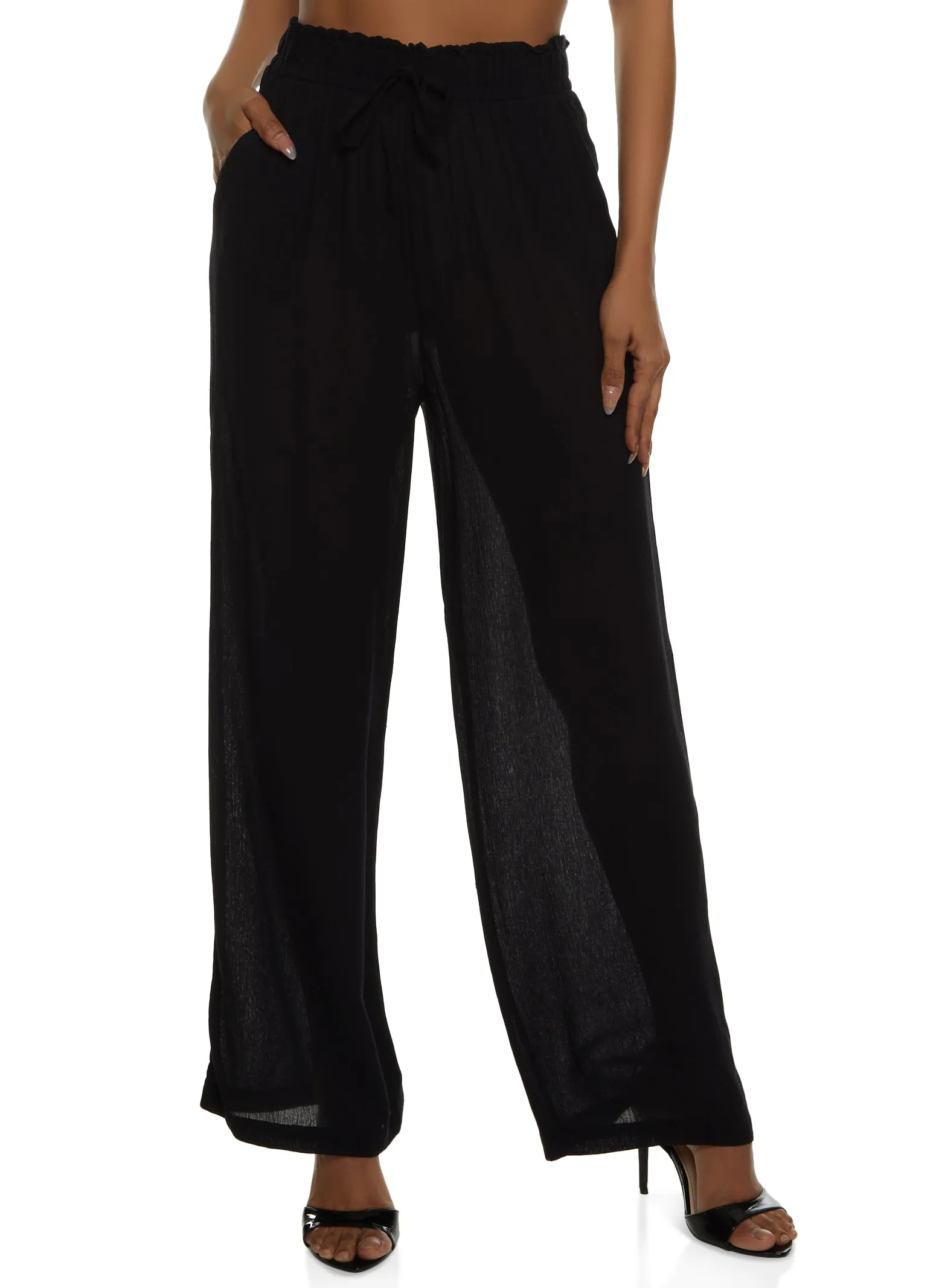 Gauze Knit Faux Drawstring Wide Leg Pants sold by Rainbow