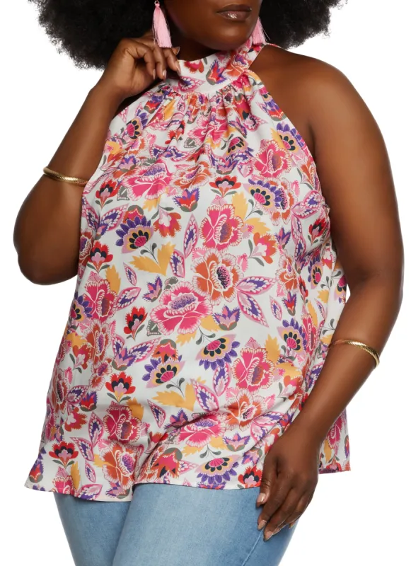 Plus Size Floral Print High Neck Blouse sold by Rainbow