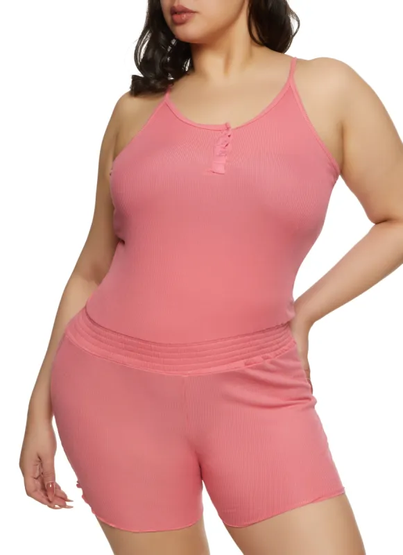 Plus Size Ribbed Smocked Waist Pajama Romper sold by Rainbow