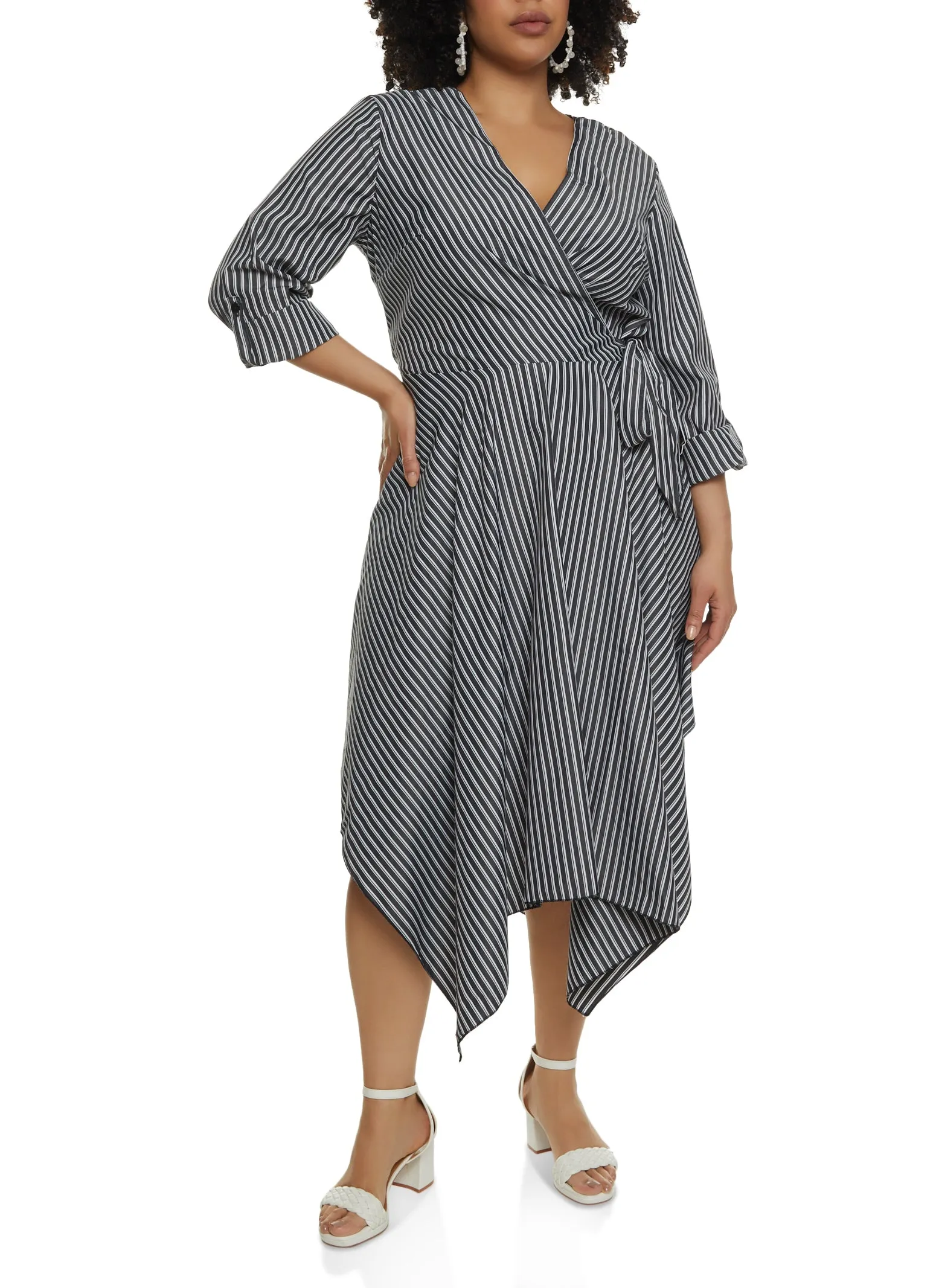 Plus Size Striped Tie Side Faux Wrap Dress sold by Rainbow