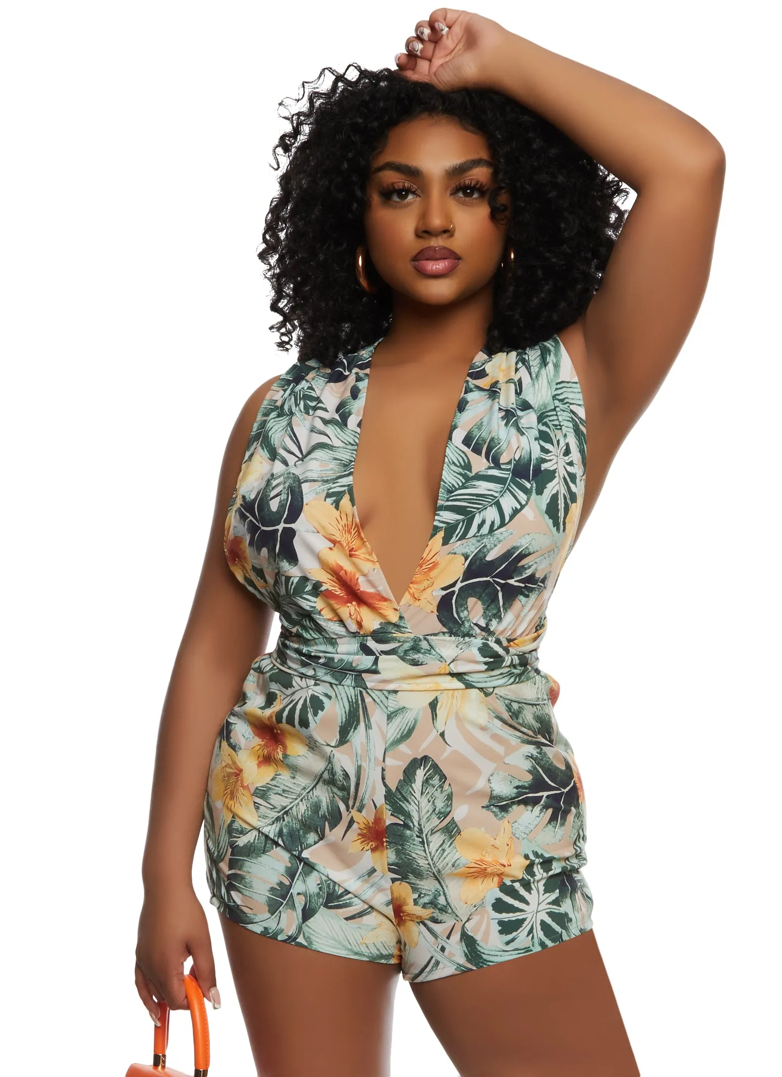 Haute Monde Tropical Print Criss Cross Tie Back Romper sold by Rainbow