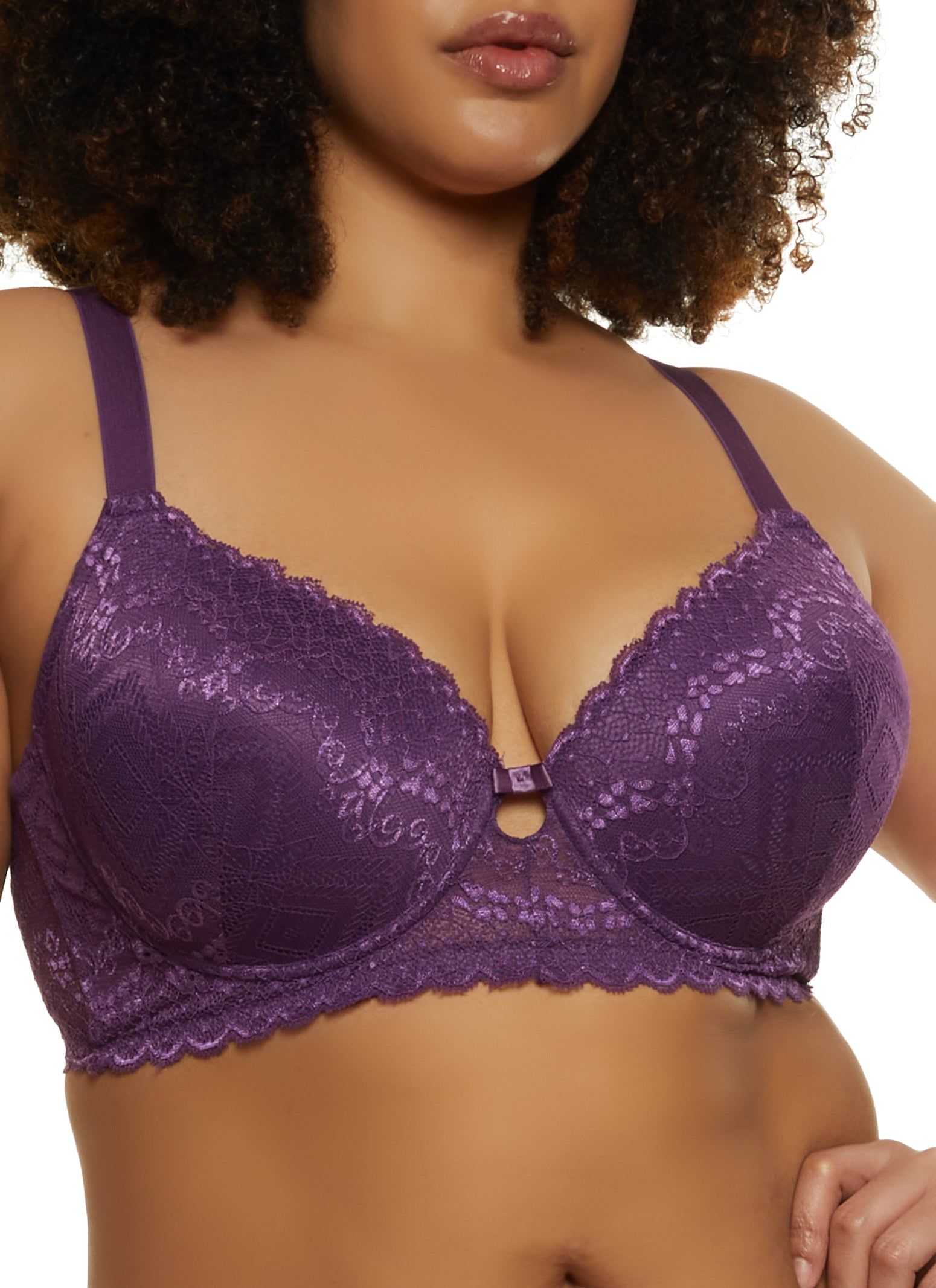 Plus Size Longline Lace Cut Out Front Plunge Bra sold by Rainbow