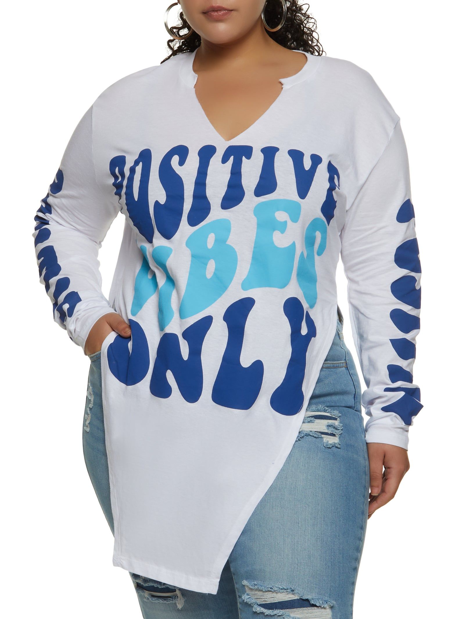 Plus Size Positive Vibes Only Hanky Hem Graphic Tee sold by Rainbow
