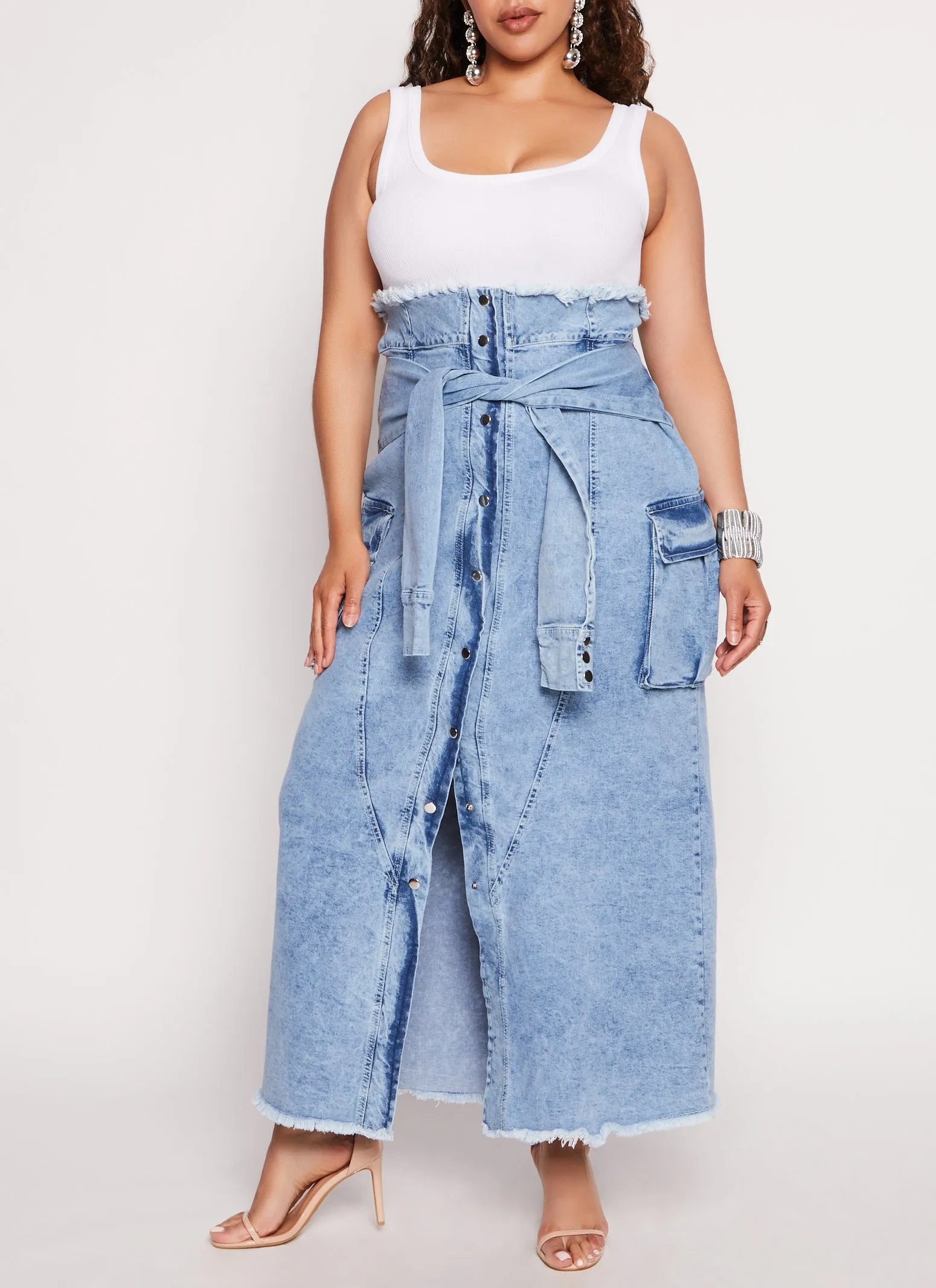 Plus Size Tie Waist Frayed Hem Denim Maxi Skirt sold by Rainbow