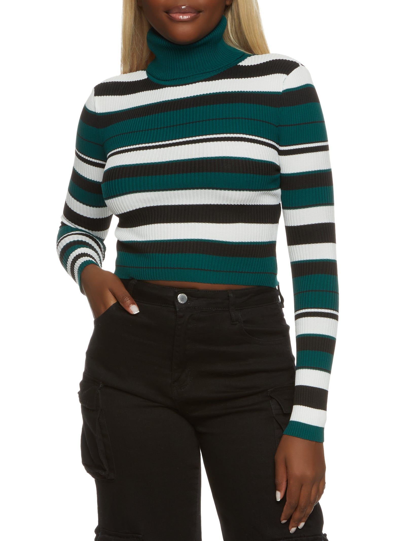 Ribbed Knit Striped Turtleneck Crop Top sold by Rainbow