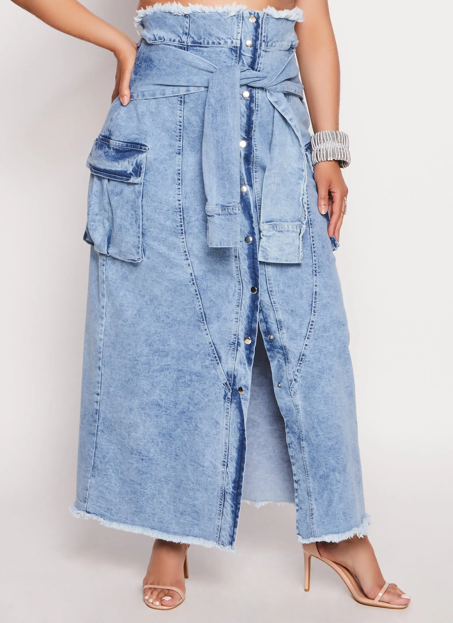 Plus Size Tie Waist Frayed Hem Denim Maxi Skirt sold by Rainbow product image thumbnail 2