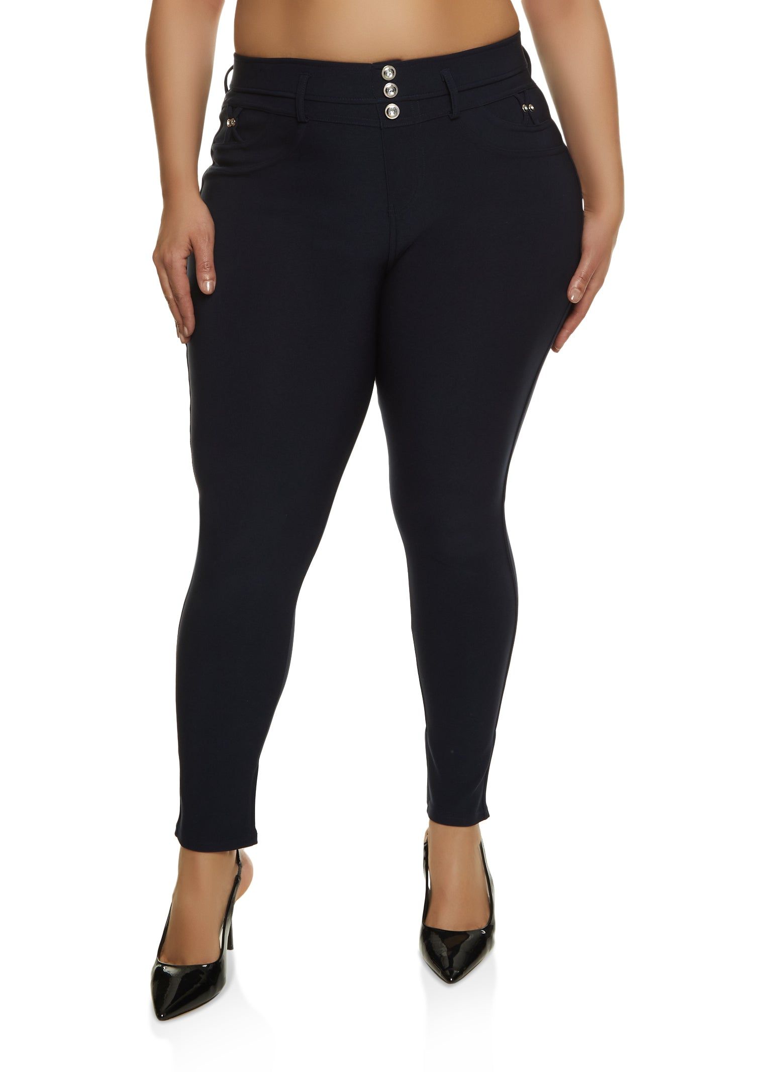 Plus Size Three Rhinestone Faux Button Pants sold by Rainbow