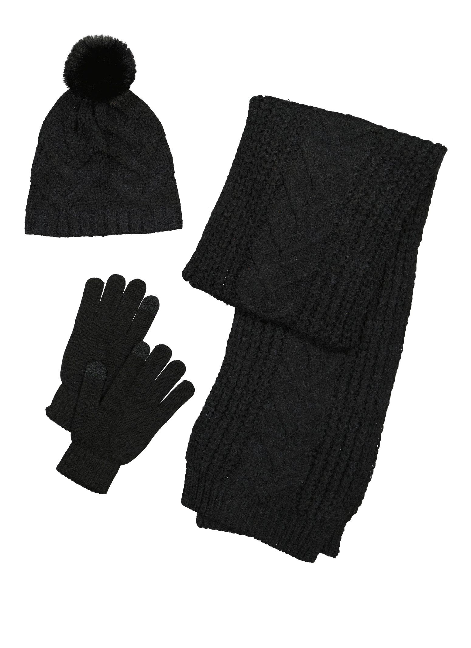 Cable Knit Pom Pom Beanie with Scarf and Gloves sold by Rainbow