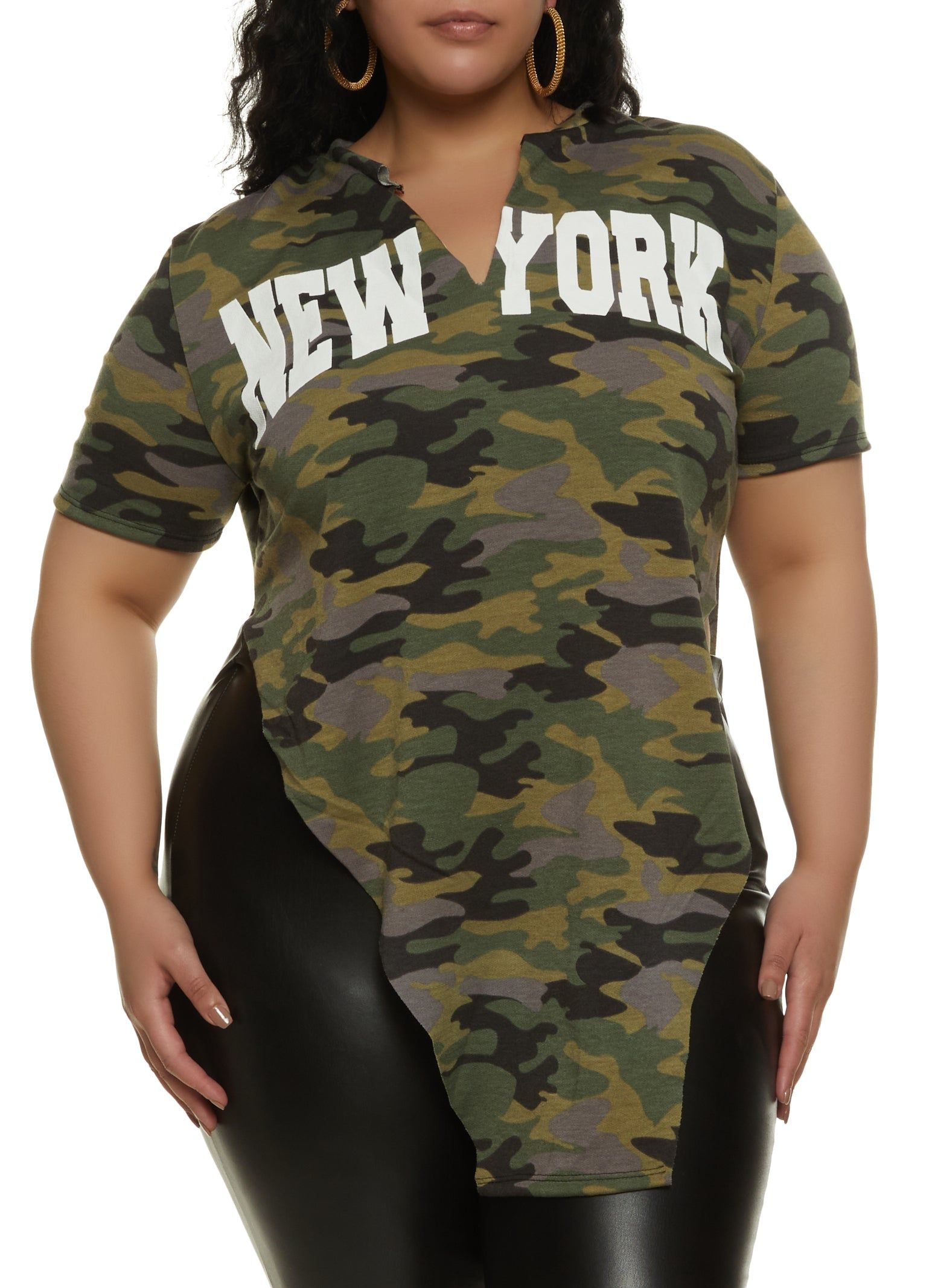 Plus Size Camo Hanky Hem Graphic Tee sold by Rainbow