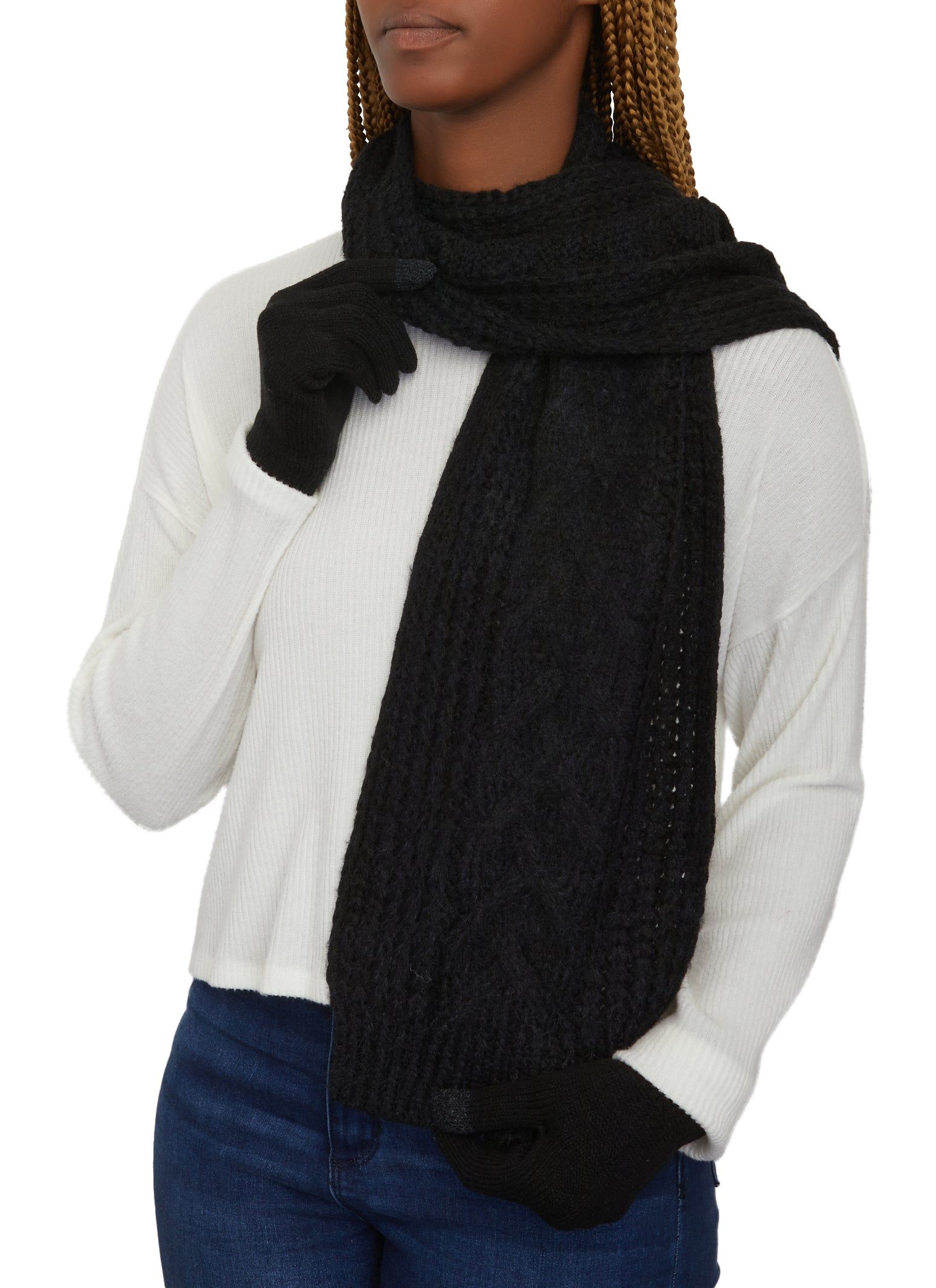 Cable Knit Pom Pom Beanie with Scarf and Gloves sold by Rainbow product image thumbnail 3