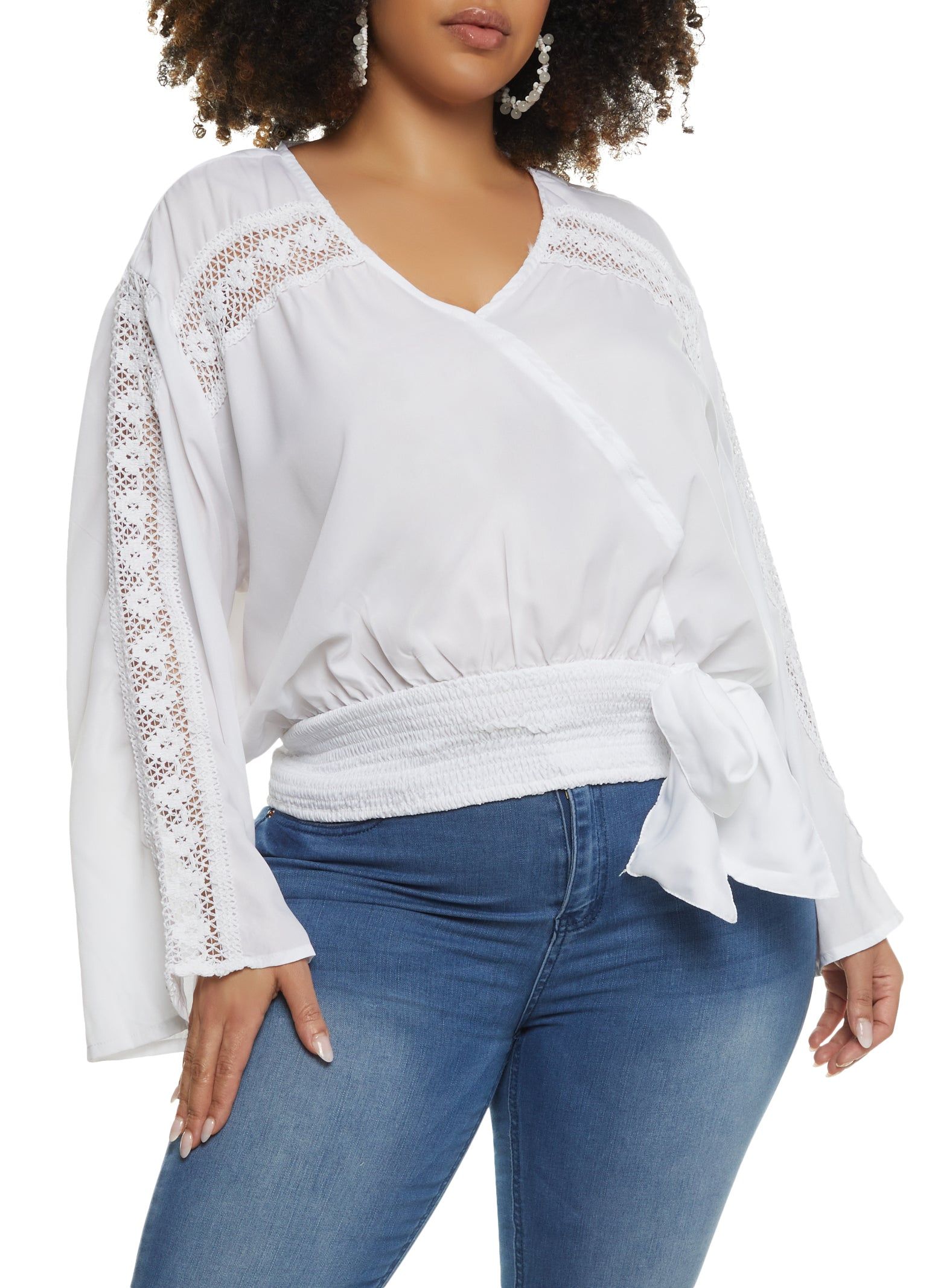 Plus Size Bell Sleeve V Neck Crochet Top sold by Rainbow