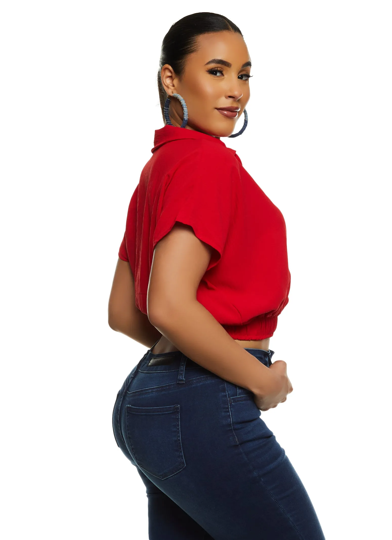 Gauze Knit Elastic Waist Short Sleeve Cropped Shirt sold by Rainbow product image thumbnail 2