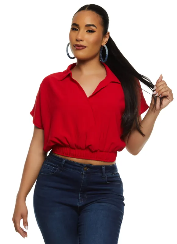 Gauze Knit Elastic Waist Short Sleeve Cropped Shirt sold by Rainbow