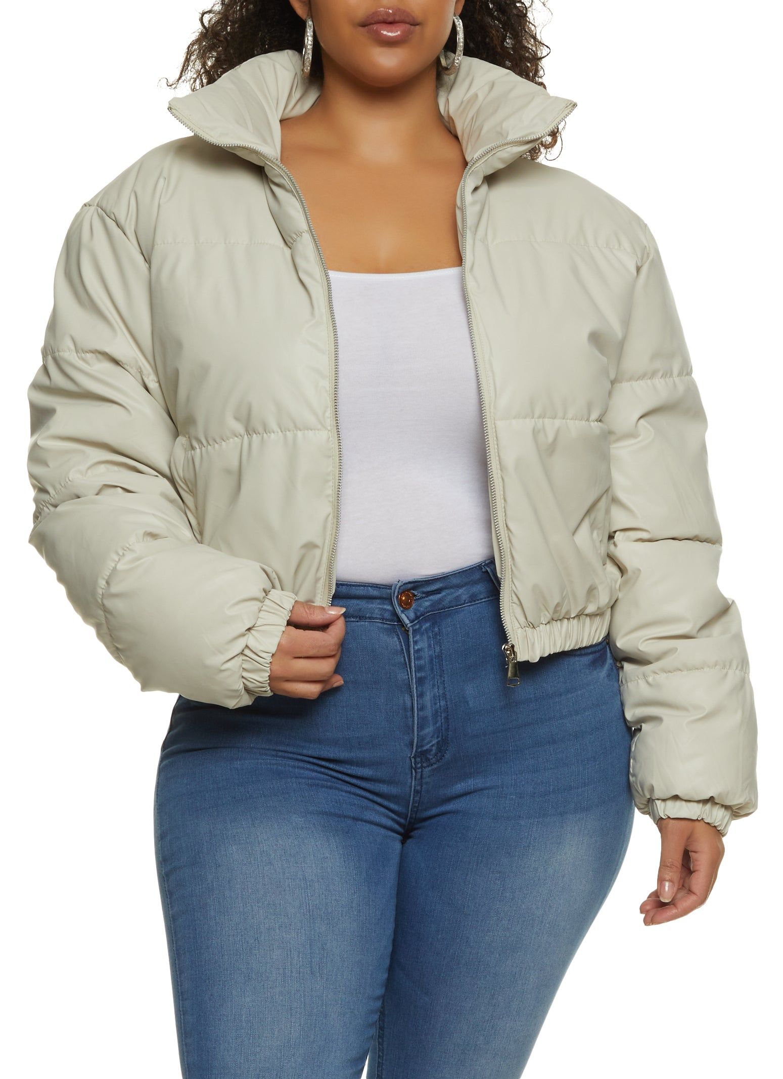 Plus Size Faux Leather Zip Front Puffer Jacket sold by Rainbow