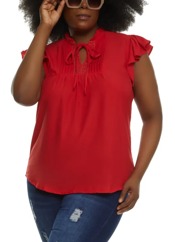 Plus Size Flutter Sleeve Tie Neck Blouse sold by Rainbow