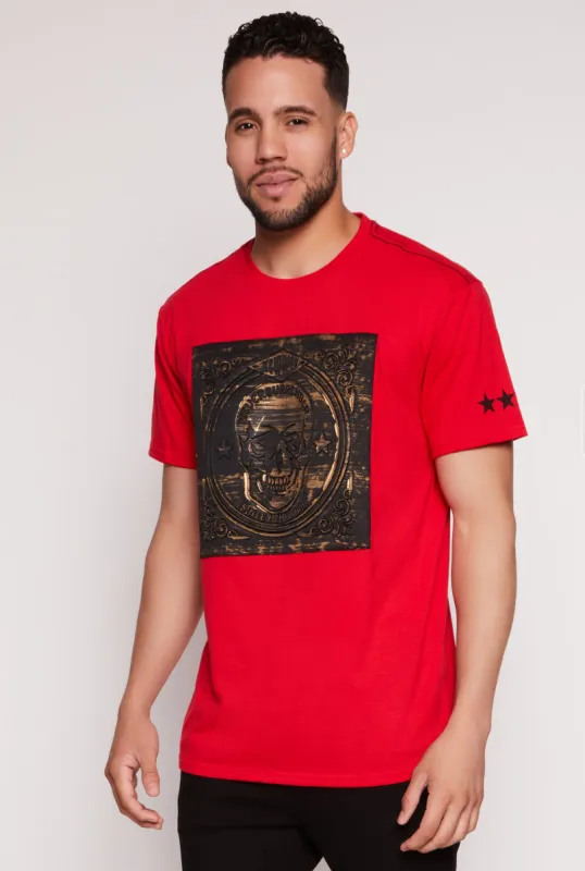 Mens Never Surrender Skull Patch Graphic Tee made by Rainbow