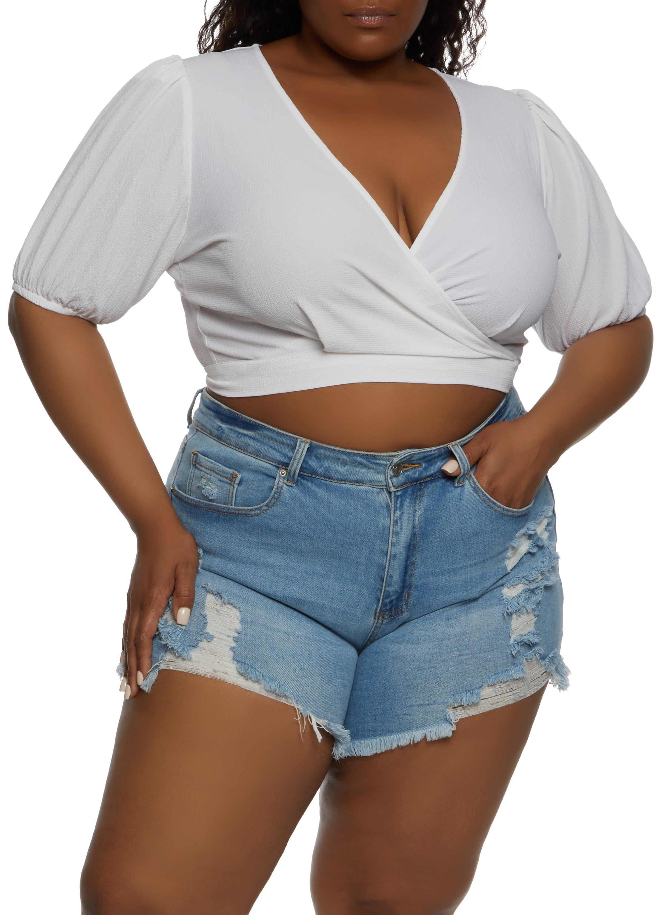 Plus Size Open Tie Back Faux Wrap Crop Top sold by Rainbow