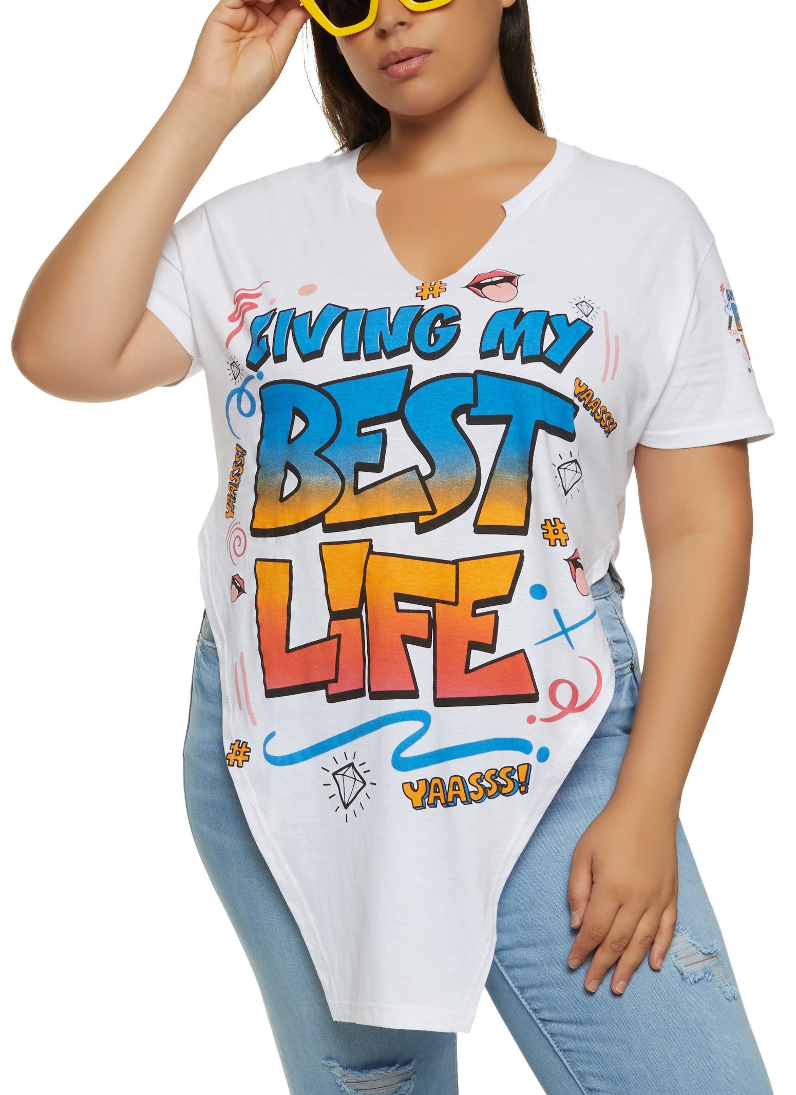 Plus Size Living My Best Life Hanky Hem Graphic Tee sold by Rainbow