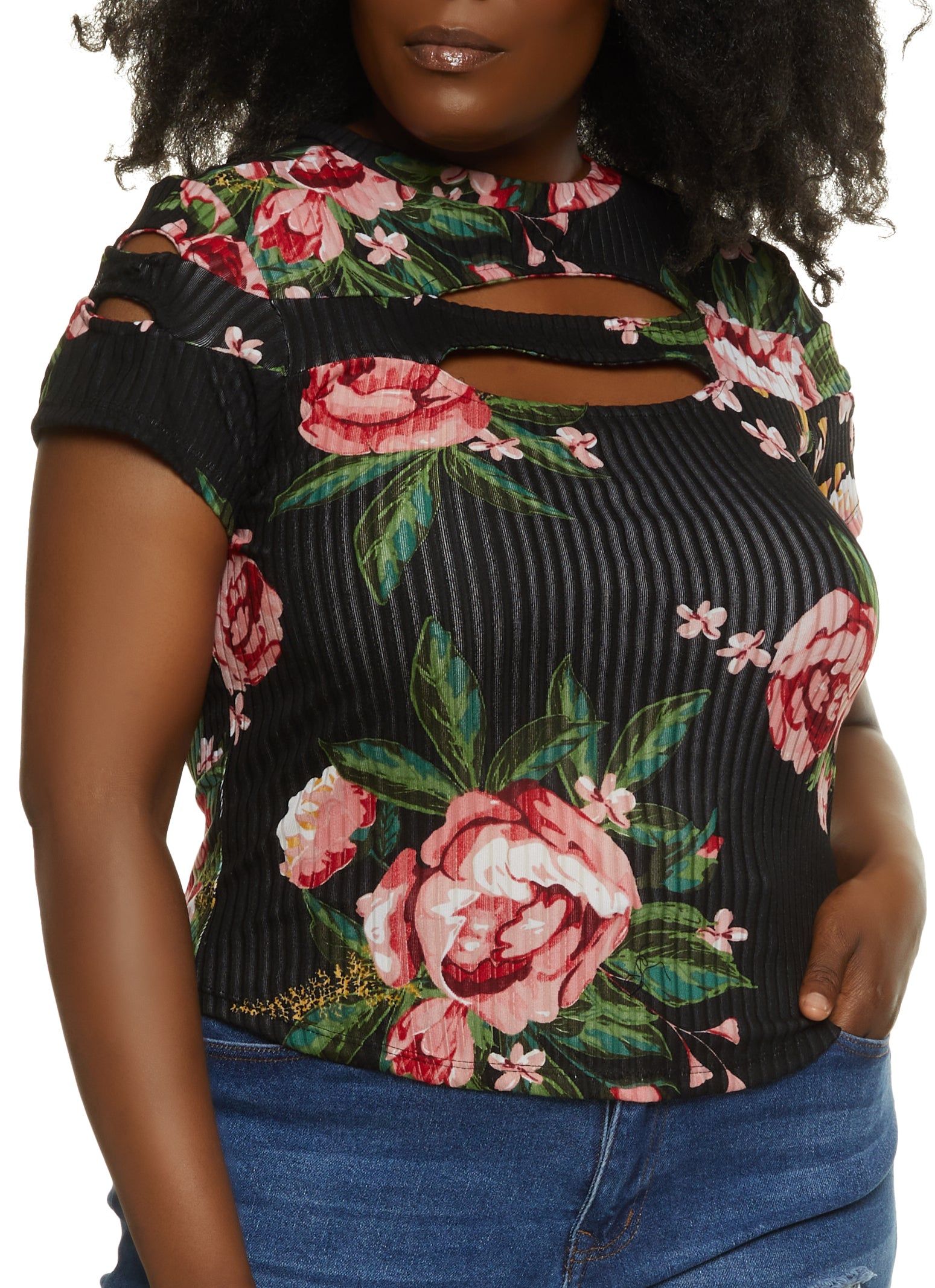 Plus Size Floral Double Keyhole Crew Neck Top sold by Rainbow