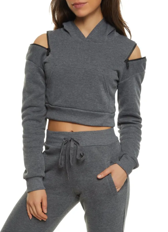 Zip Cold Shoulder Cropped Hoodie sold by Rainbow