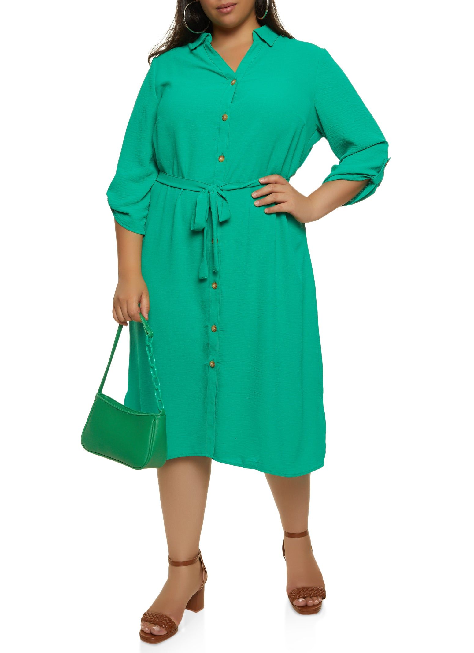 Plus Size Airy Tie Waist Belted Shirt Dress sold by Rainbow