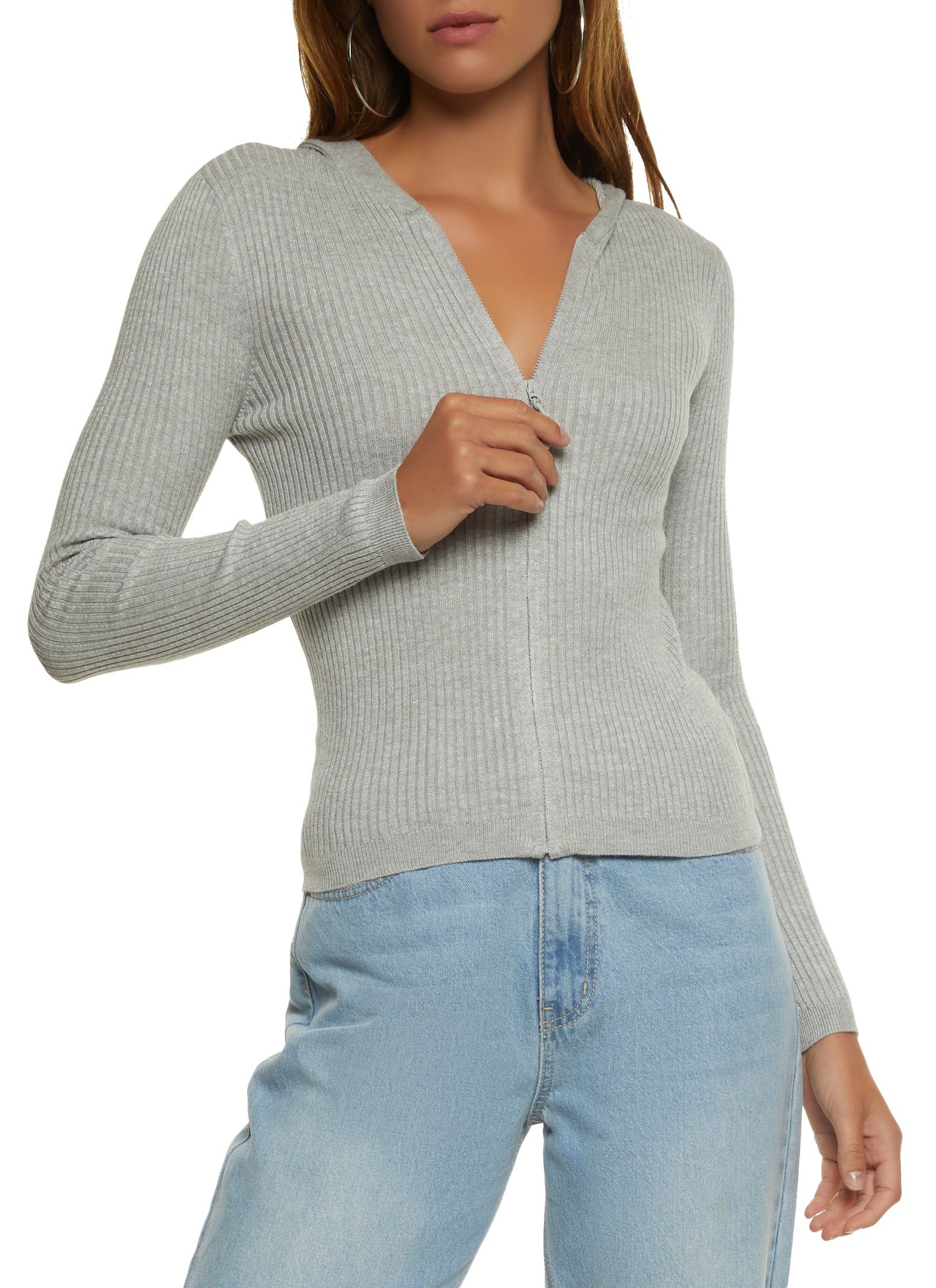 Ribbed Knit Zip Front Hooded Sweater sold by Rainbow