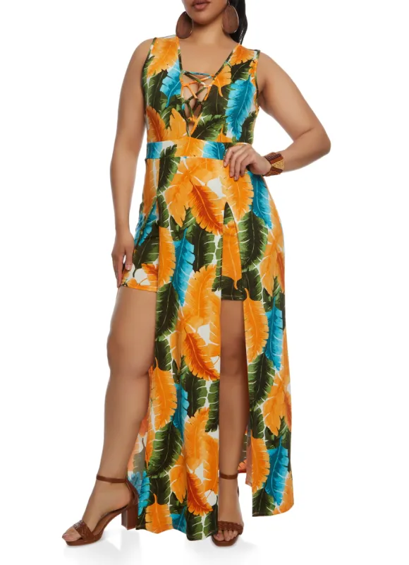 Plus Size Iris Leaf Print Caged V Neck Maxi Romper sold by Rainbow