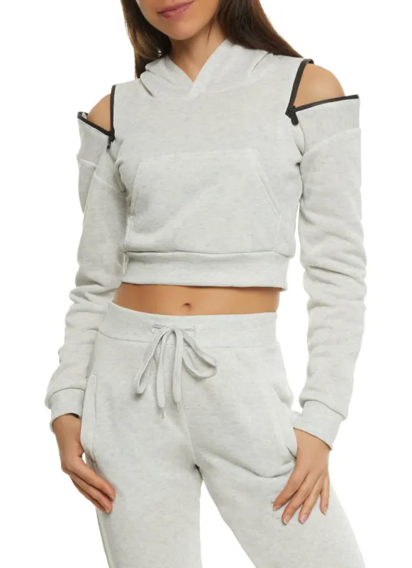 Zip Cold Shoulder Cropped Hoodie sold by Rainbow