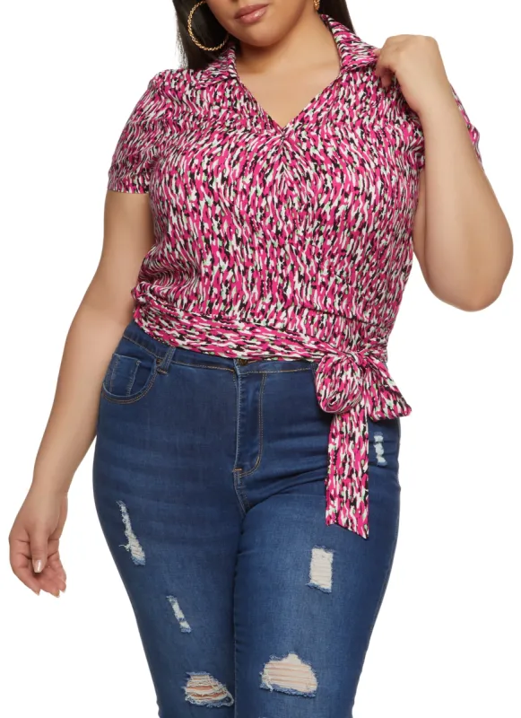 Plus Size Printed V Neck Tie Waist Blouse sold by Rainbow