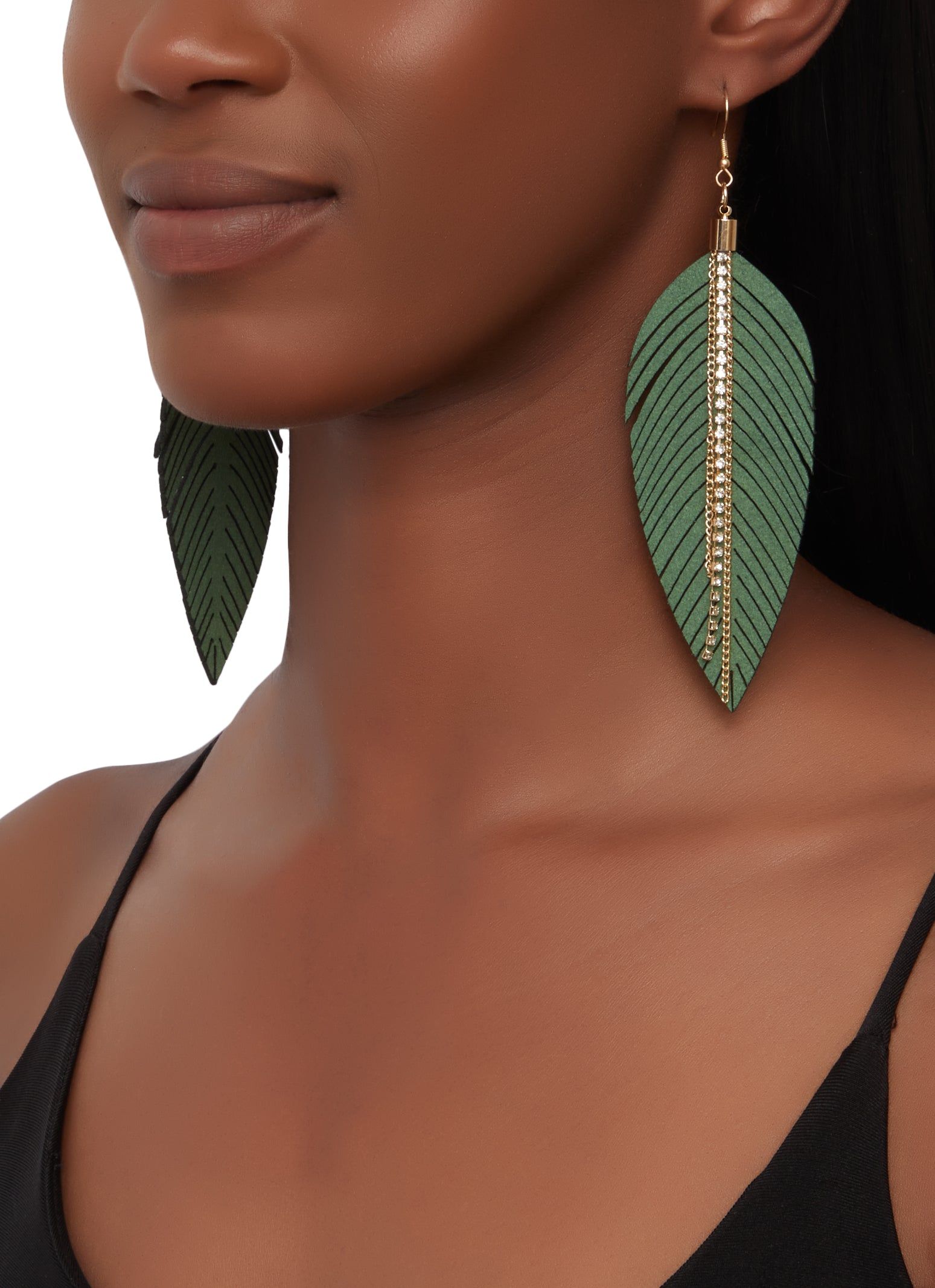 Rhinestone Faux Suede Leaf Drop Earrings sold by Rainbow