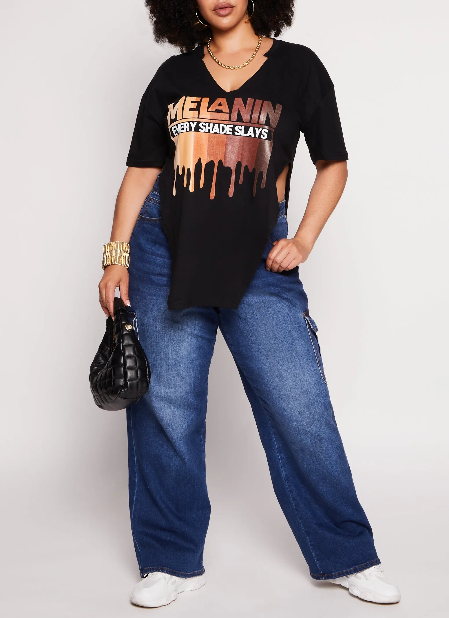 Plus Size Melanin Every Shade Slays Hanky Hem Graphic Tee sold by Rainbow product image thumbnail 2