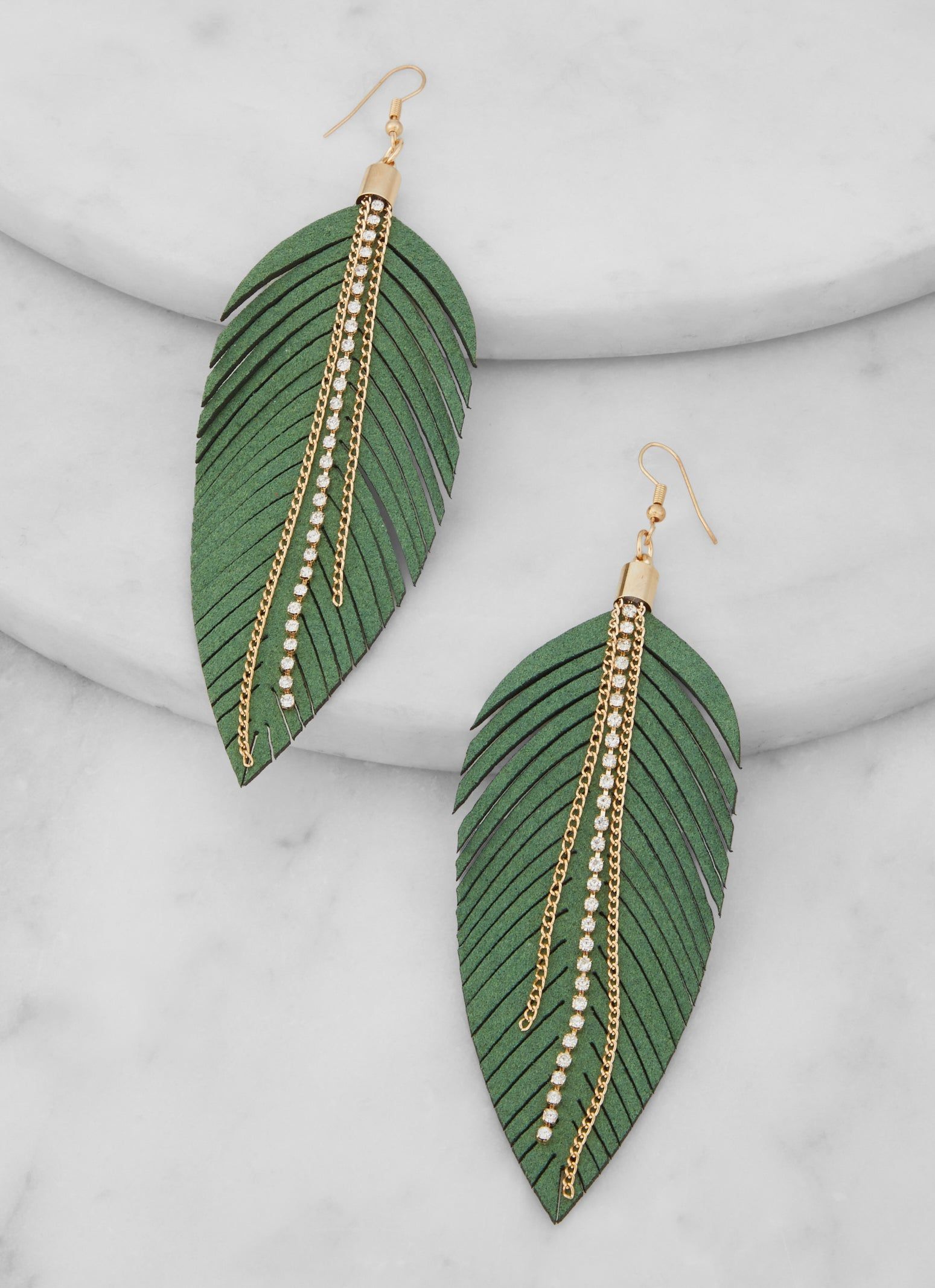 Rhinestone Faux Suede Leaf Drop Earrings sold by Rainbow product image thumbnail 2