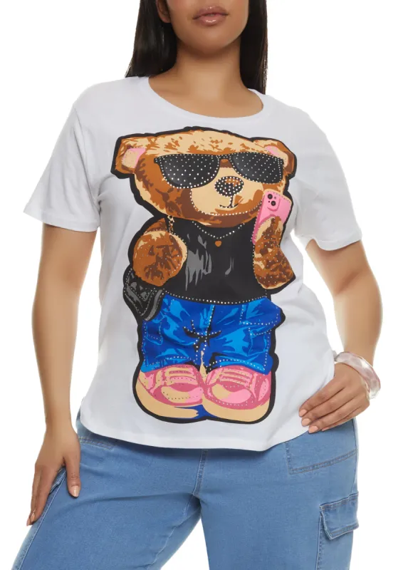 Plus Size Rhinestone Bear Graphic Tee sold by Rainbow