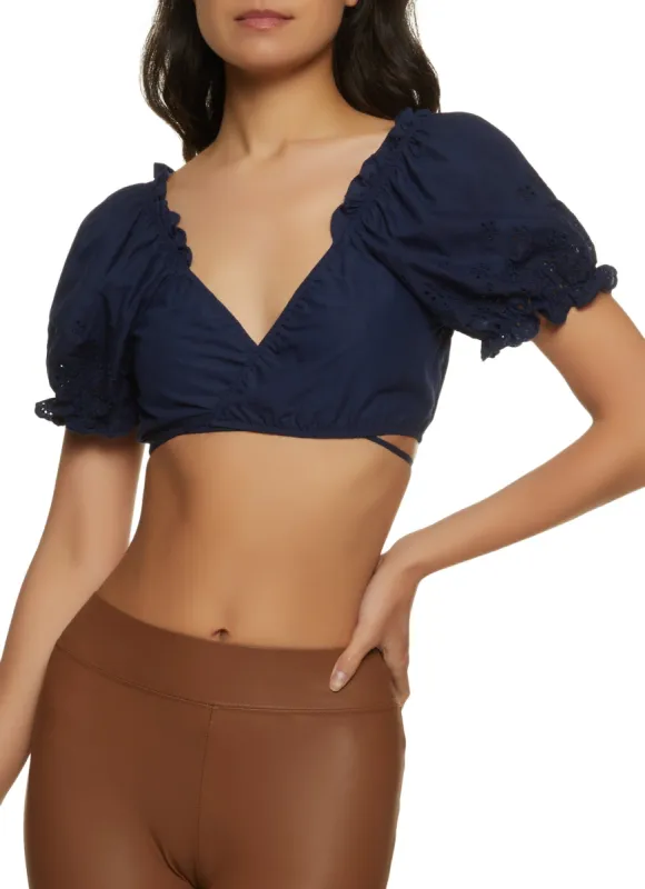 Puff Sleeve Tie Back Eyelet Crop Top sold by Rainbow