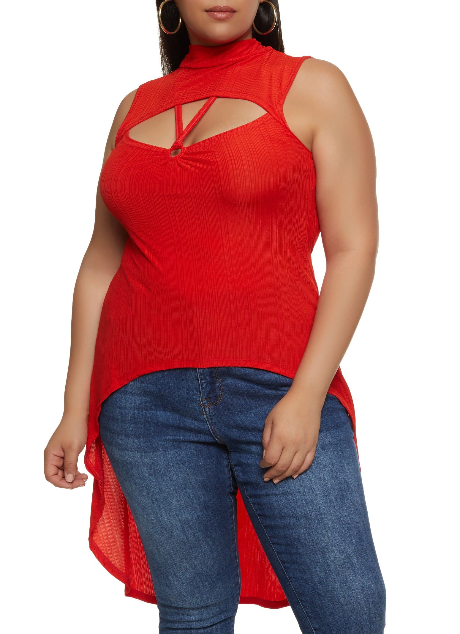 Plus Size Mock Neck Ribbed Cut Out High Low Top sold by Rainbow