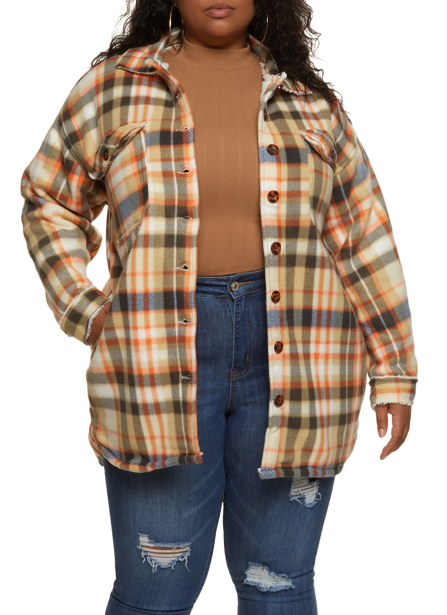 Plus Size Plaid Brushed Knit Sherpa Lined Longline Shacket sold by Rainbow