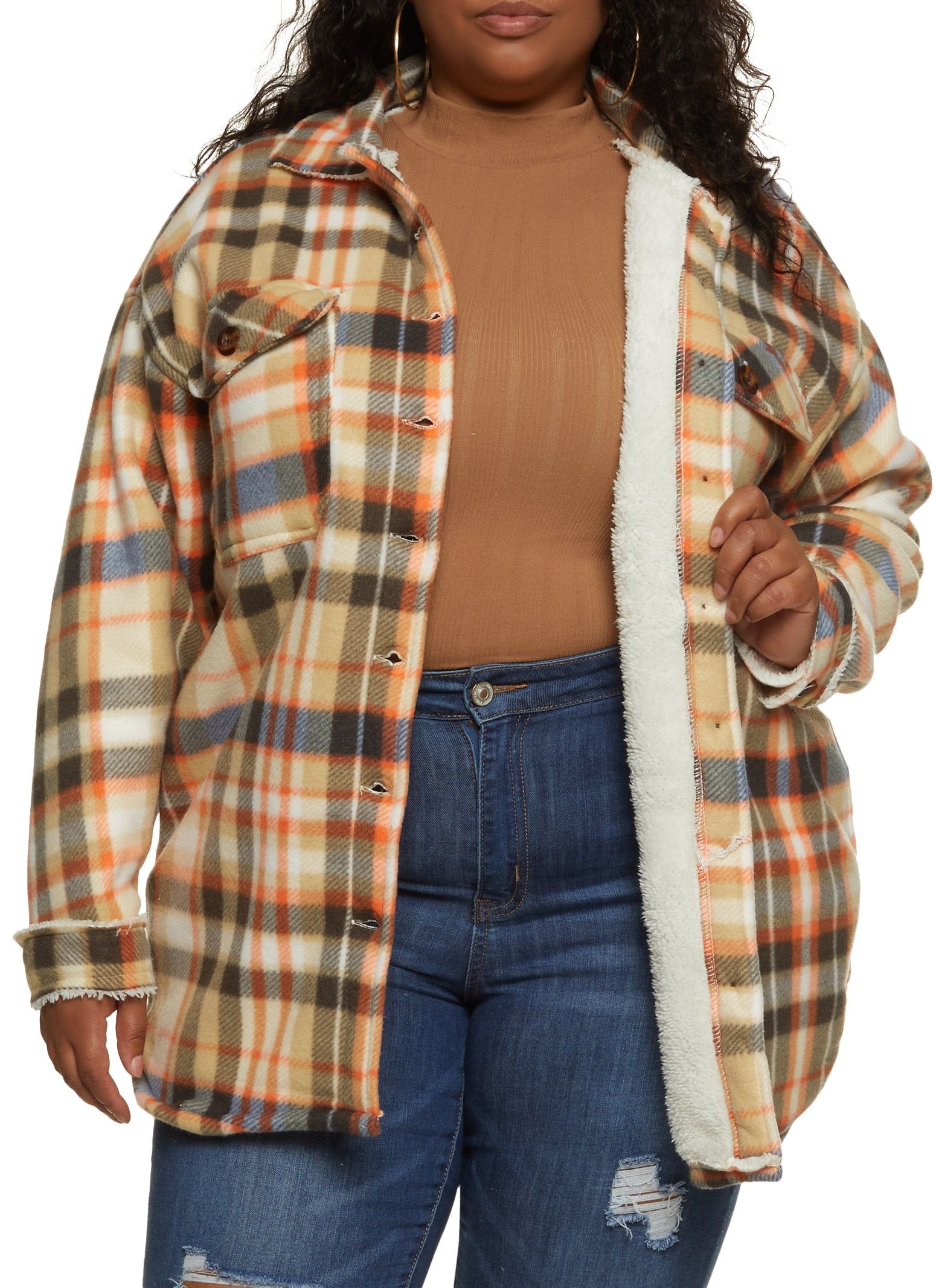 Plus Size Plaid Brushed Knit Sherpa Lined Longline Shacket sold by Rainbow product image thumbnail 2