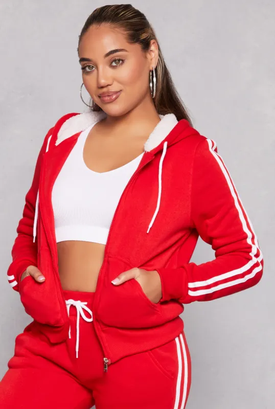 Varsity Stripe Zip Front Sherpa Lined Hoodie sold by Rainbow