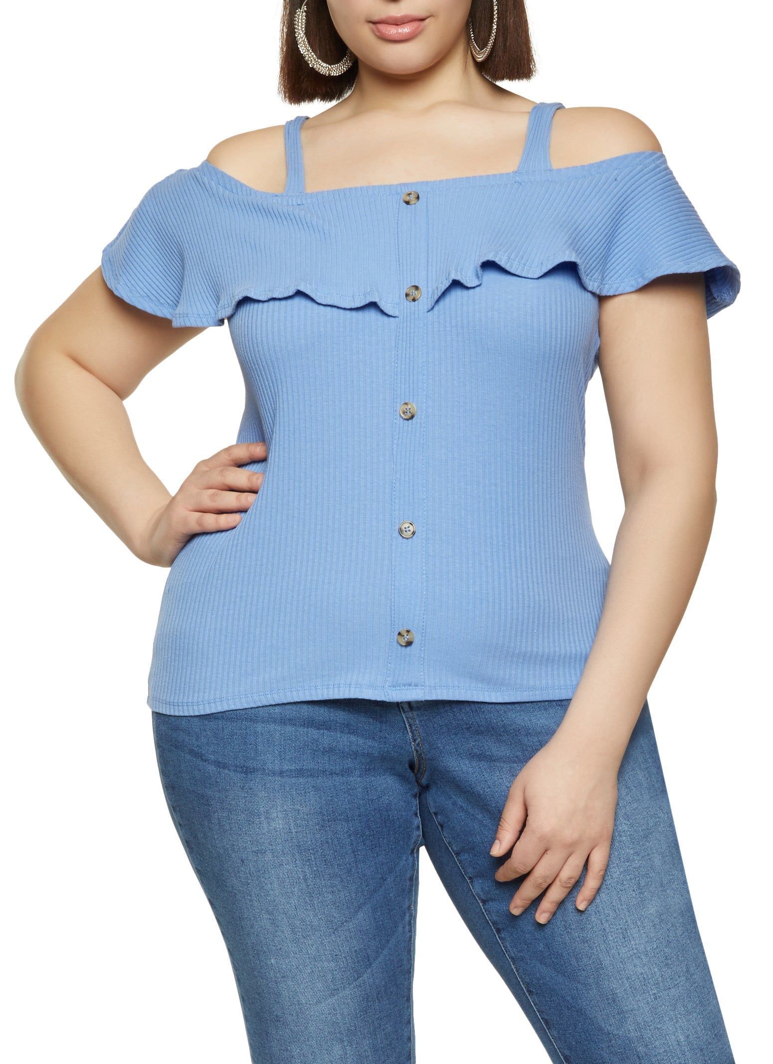 Plus Size Rib Knit Cold Shoulder Top sold by Rainbow