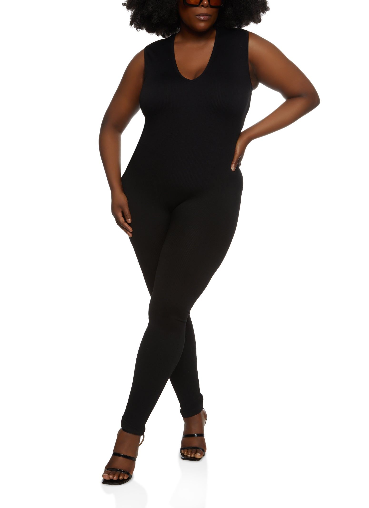 Plus Size Sleeveless V Neck Catsuit sold by Rainbow