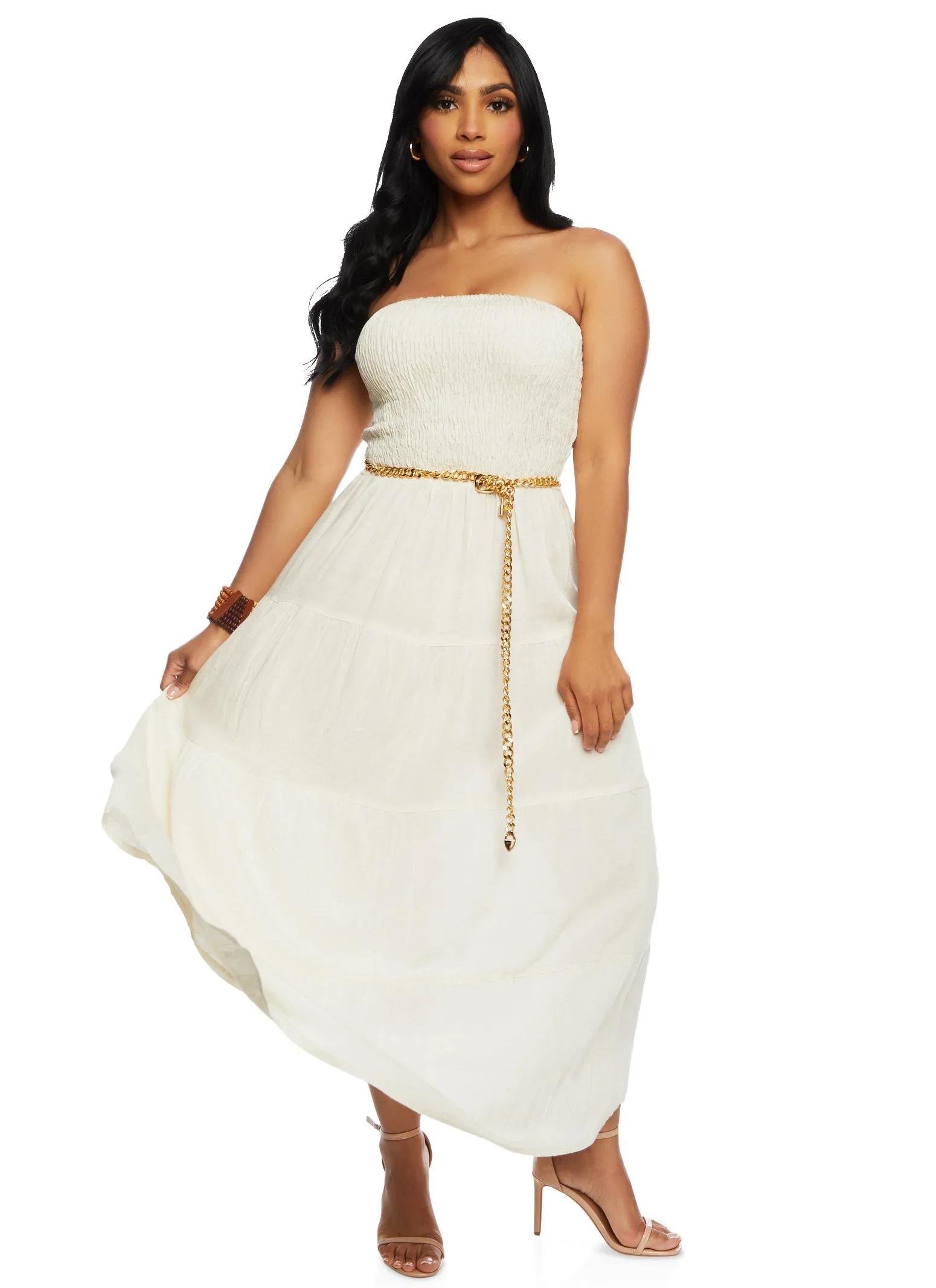 Linen Smocked Strapless Maxi Dress sold by Rainbow