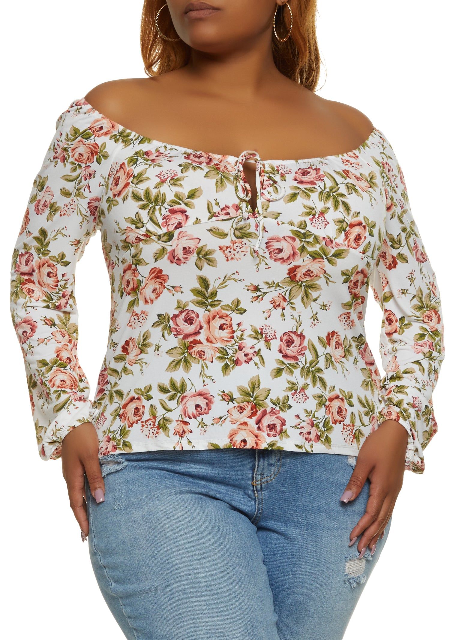 Plus Size Floral Print Off the Shoulder Peasant Top sold by Rainbow