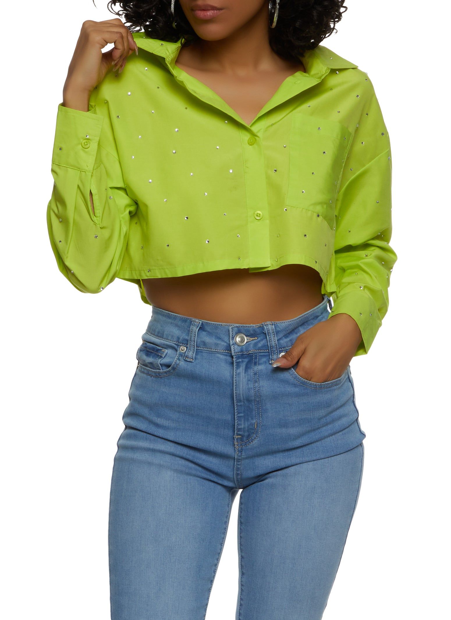 Rhinestone Studded Button Front Shirt sold by Rainbow